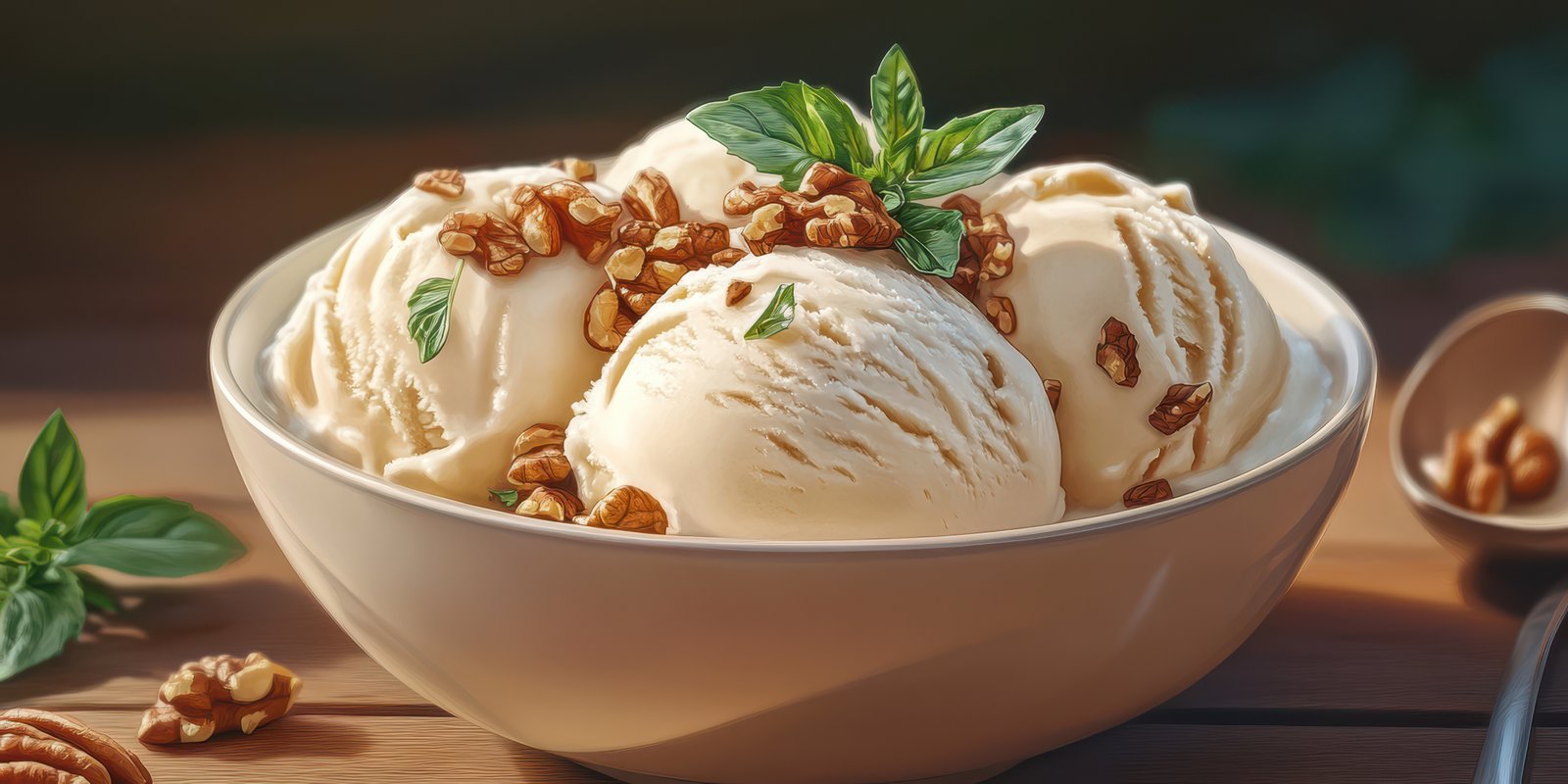 Creamy vanilla ice cream served in a bowl with crushed nuts and mint leaves on a warm summer day